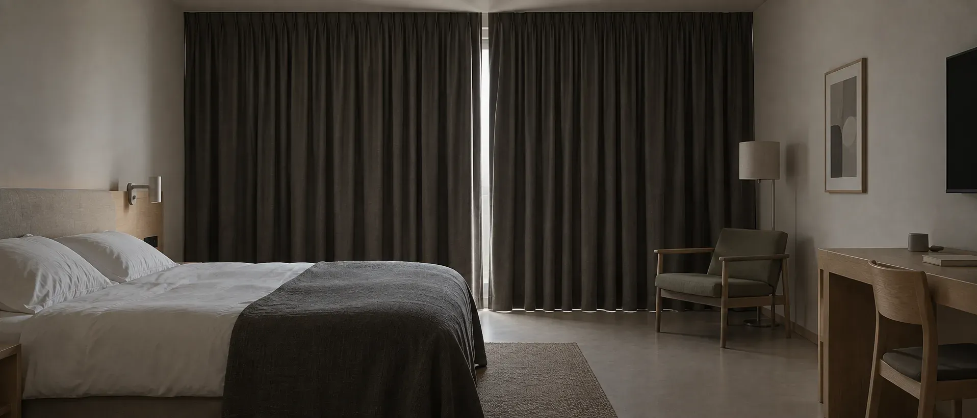 Hotellrum med mörkläggande gardiner nästan helt fördragna